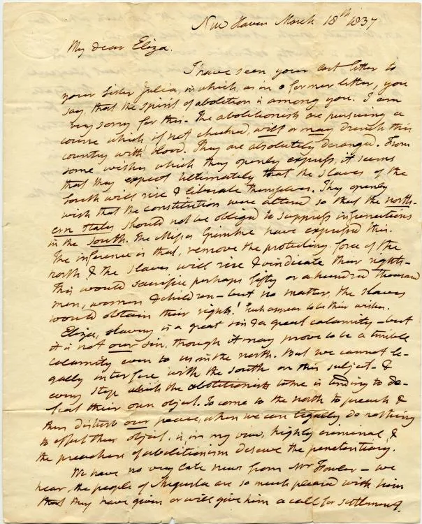 The Abolition Movement — Noah Webster letter to Eliza Webster on abolitionism 1837